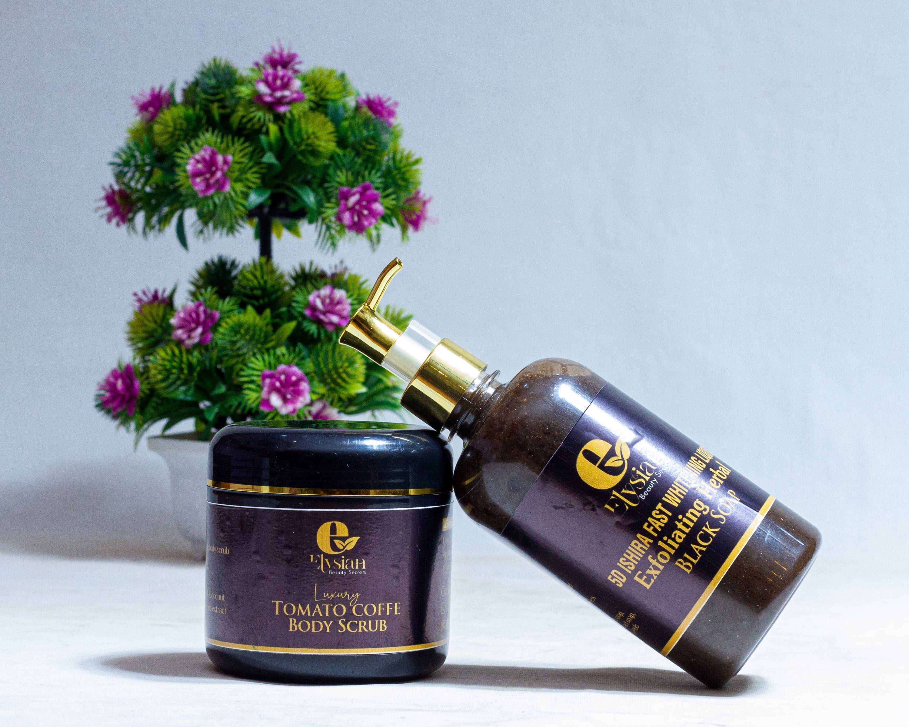 Luxury Tomato Coffee Body Scrub and Exfoliating Herbal Black Soap Bundle